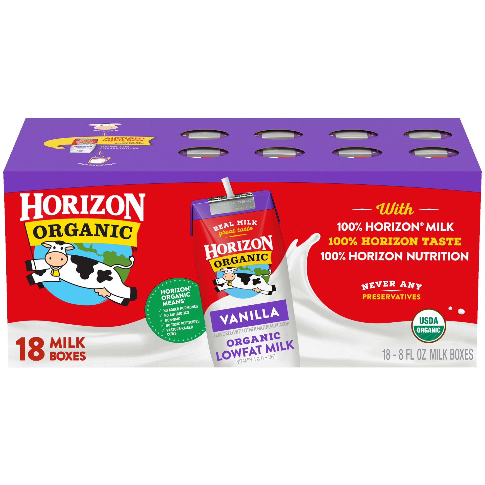 slide 1 of 8, Horizon Organic Shelf-Stable 1% Low Fat Milk Boxes, Vanilla, 8 oz., 18 Pack, 8 fl oz