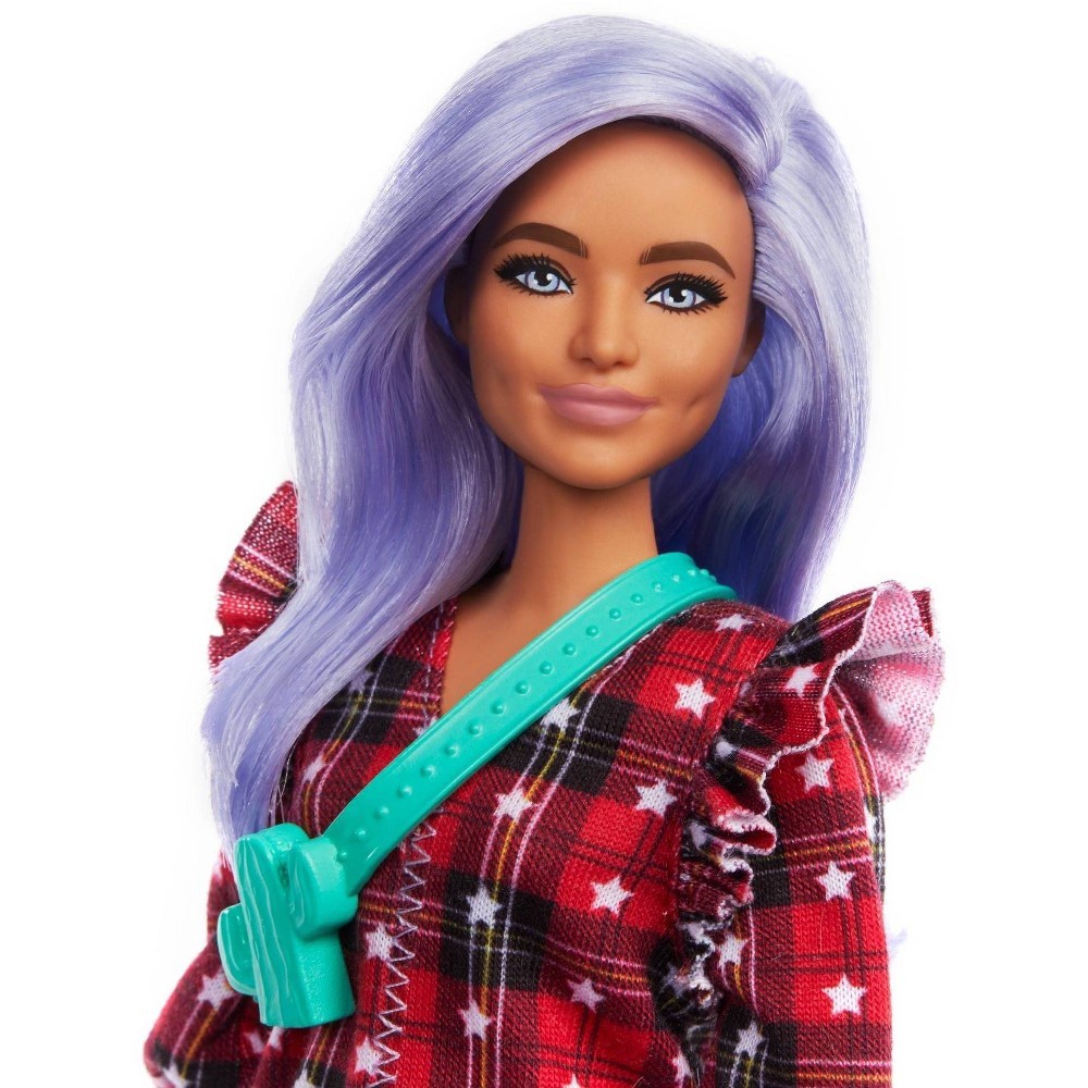 slide 3 of 6, Barbie Fashionistas Doll #157, Curvy with Lavender Hair Wearing Red Plaid Dress, 1 ct