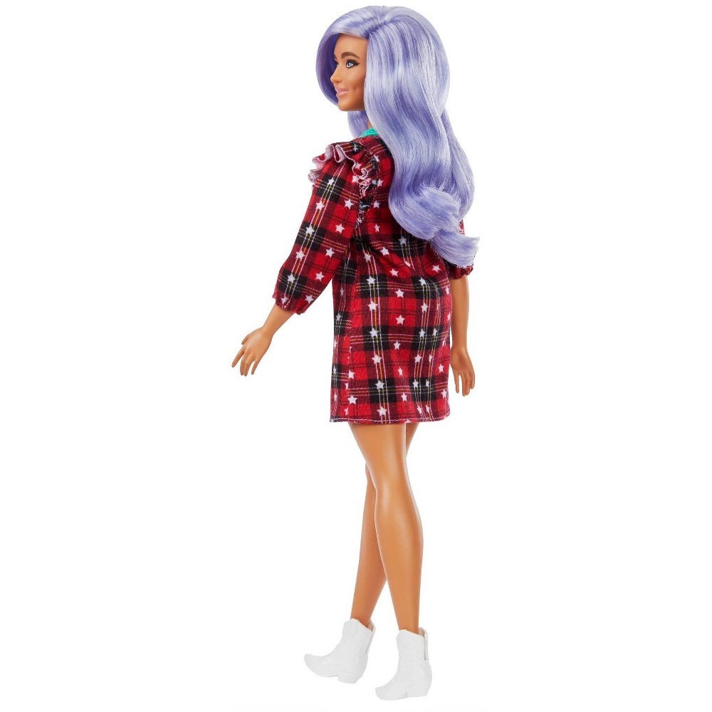 slide 6 of 6, Barbie Fashionistas Doll #157, Curvy with Lavender Hair Wearing Red Plaid Dress, 1 ct