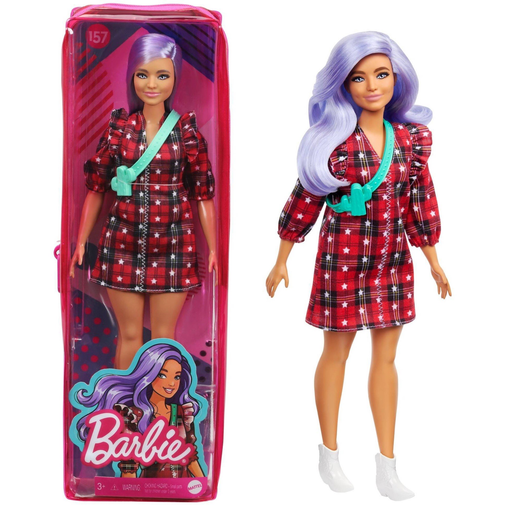 slide 1 of 6, Barbie Fashionistas Doll #157, Curvy with Lavender Hair Wearing Red Plaid Dress, 1 ct