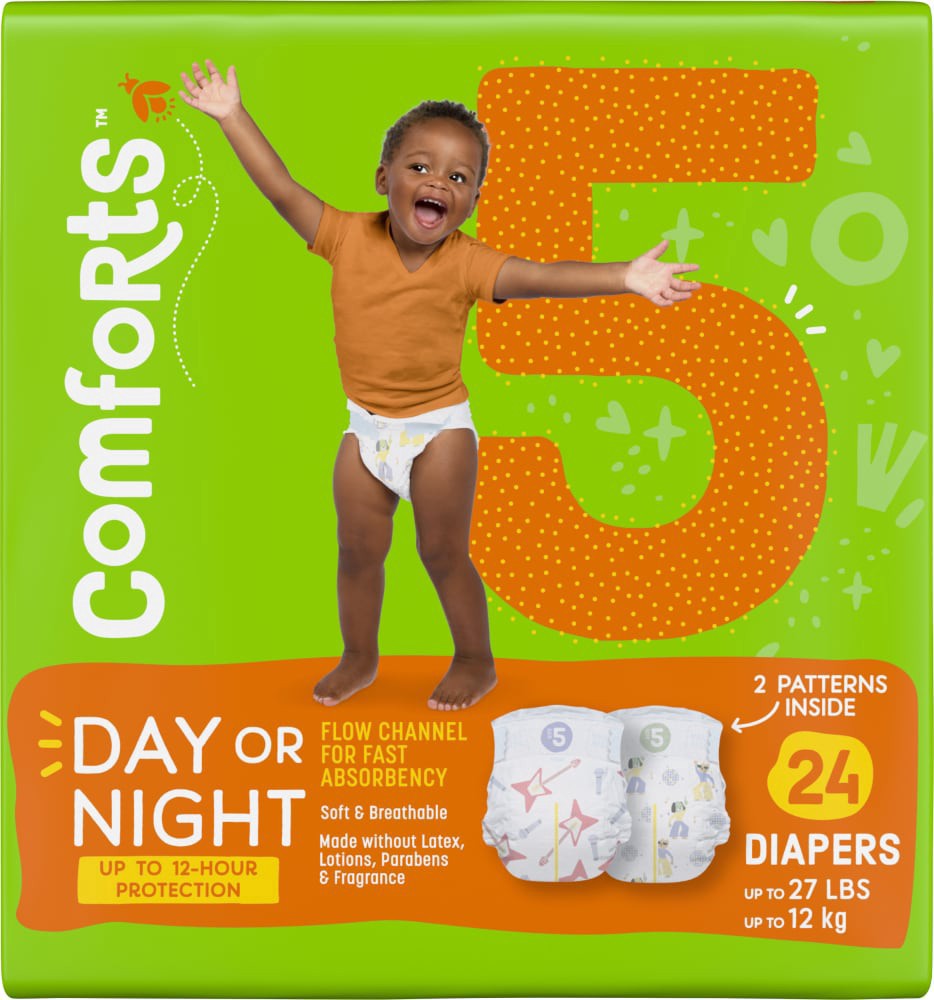 slide 2 of 3, Comforts Jumbo Baby Diapers Size 5 (Up To 27 Lbs), 24 ct