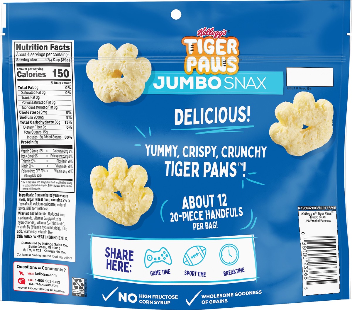 slide 4 of 8, Tiger Paws Kellogg's Tiger Paws Jumbo Snax Cereal Snacks, Kellogg's Frosted Flakes Inspired, Kids Snacks, Original, 6oz Bag, 1 Bag, 6 oz