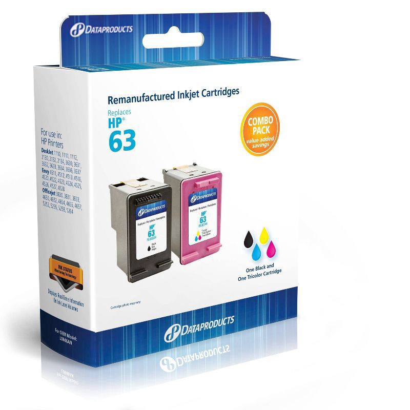 slide 1 of 3, Dataproducts Remanufactured Black/Tri-Color 2-Pack Standard Ink Cartridges - Compatible with HP 63 Ink Series (L0R46AN) - Dataproducts, 2 ct