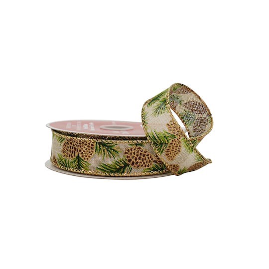 slide 1 of 3, 7/8" X 24ft. Pinecone Faux Linen Wired Ribbon By Celebrate It, 7/8 in x 24 ft