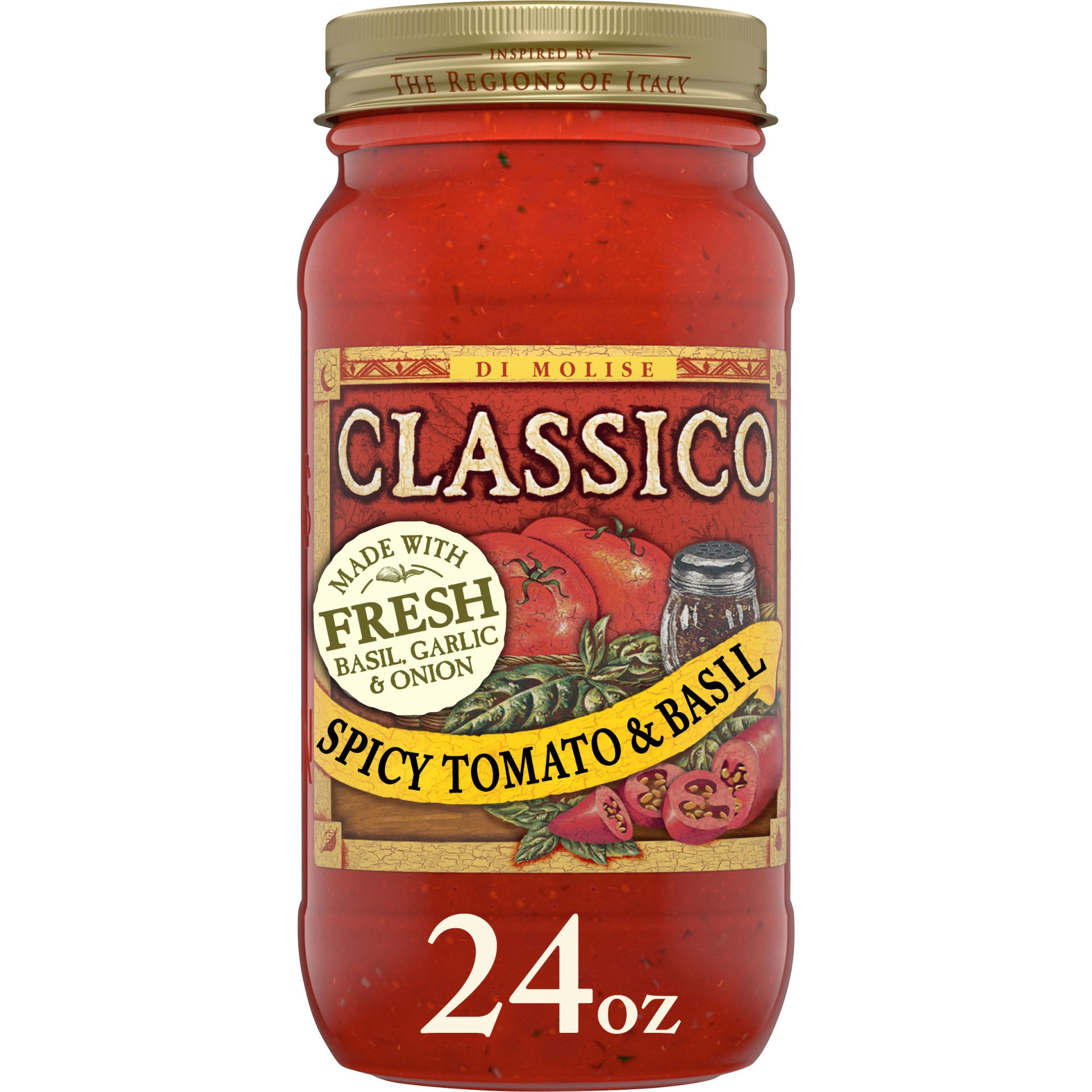 slide 1 of 7, Classico Spicy Tomato & Basil Pasta Sauce, 24 oz. Jar, 24 oz