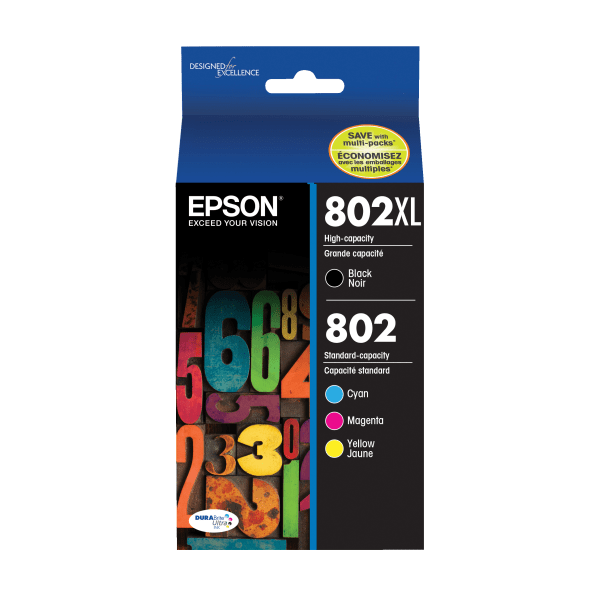 slide 1 of 2, Epson Durabrite T802Xl-Bcs High-Yield Black/Cyan/Magenta/Yellow Ink Cartridges, Pack Of 4, 4 ct