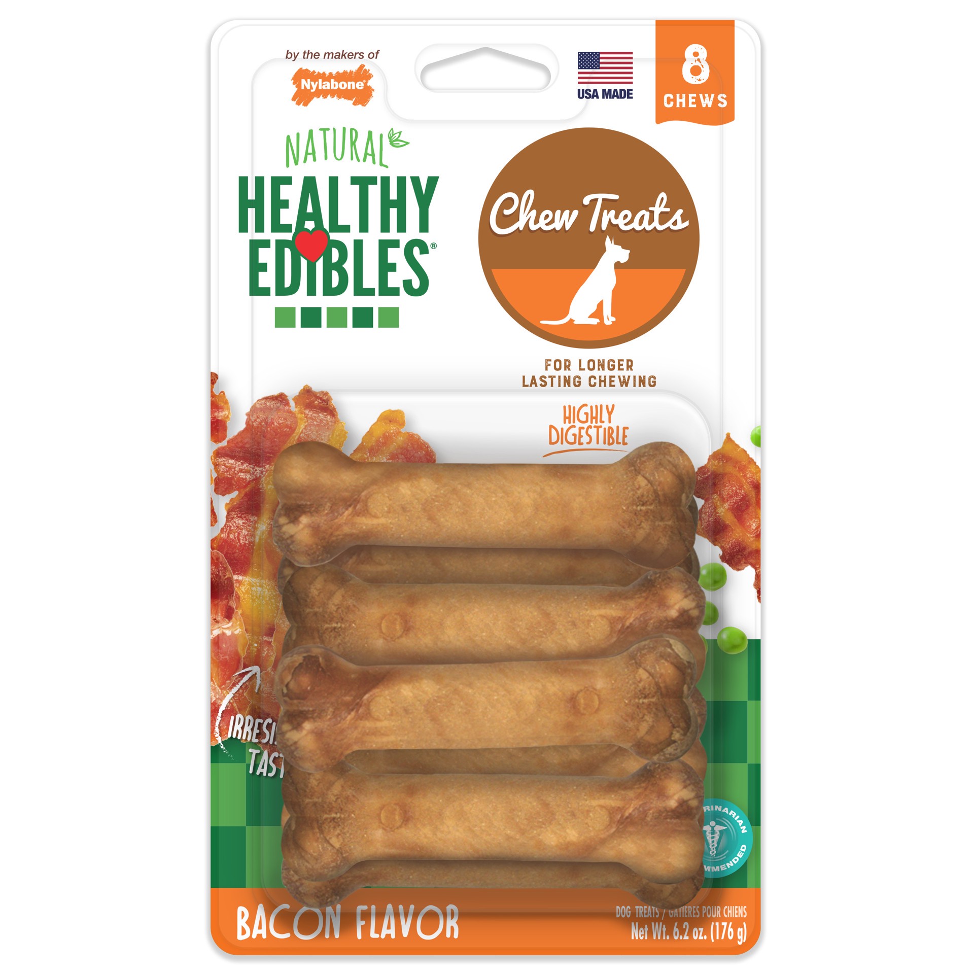 slide 1 of 10, Nylabone Healthy Edibles All-Natural Long Lasting Bacon Chew Treats X-Small/Petite - Up to 15 lbs.(8 Count), 8 ct