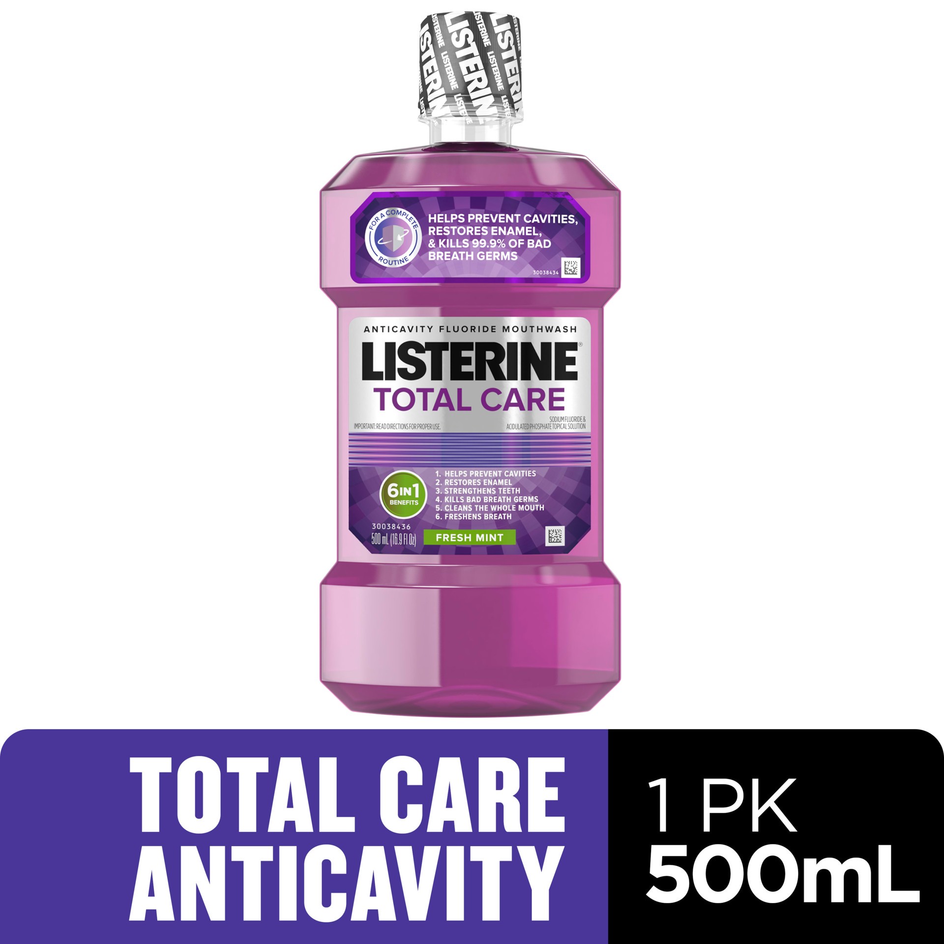 slide 1 of 10, Listerine Total Care Anticavity Fluoride Mouthwash, 6 Benefits in 1 Oral Rinse Helps Kill 99% of Bad Breath Germs, Prevents Cavities, Strengthens Enamel, ADA-Accepted, Fresh Mint, 500 mL, 500 ml