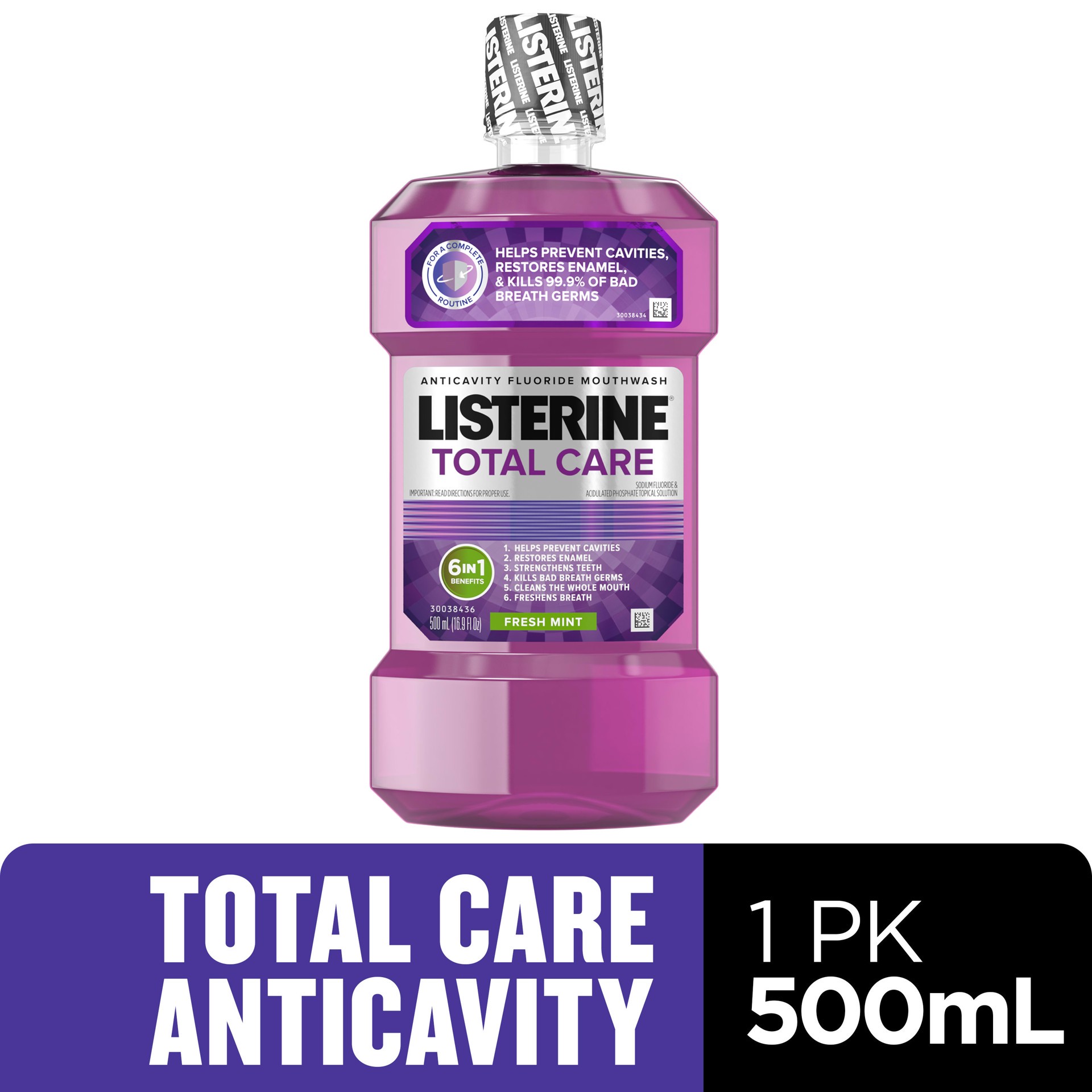 slide 1 of 6, Listerine Total Care Anticavity Fluoride Mouthwash, 6 Benefits in 1 Oral Rinse Helps Kill 99% of Bad Breath Germs, Prevents Cavities, Strengthens Enamel, ADA-Accepted, Fresh Mint, 16.9 fl oz