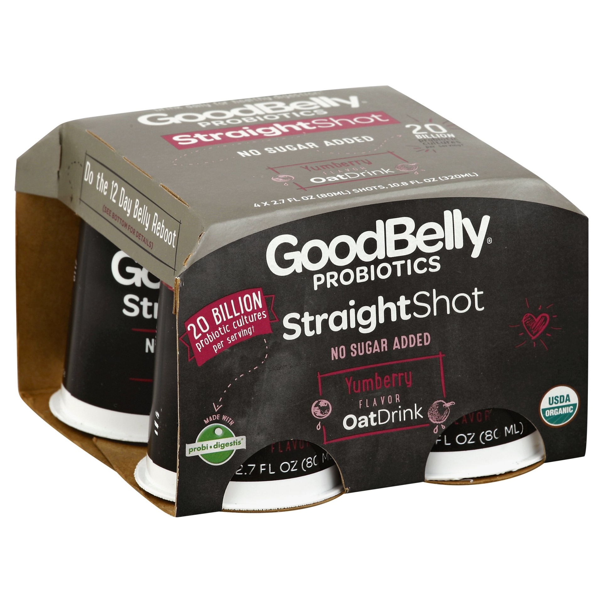 slide 1 of 1, GoodBelly Yumberry Straight Shot Probiotics Oat Drink, 2.7 fl; 4 ct