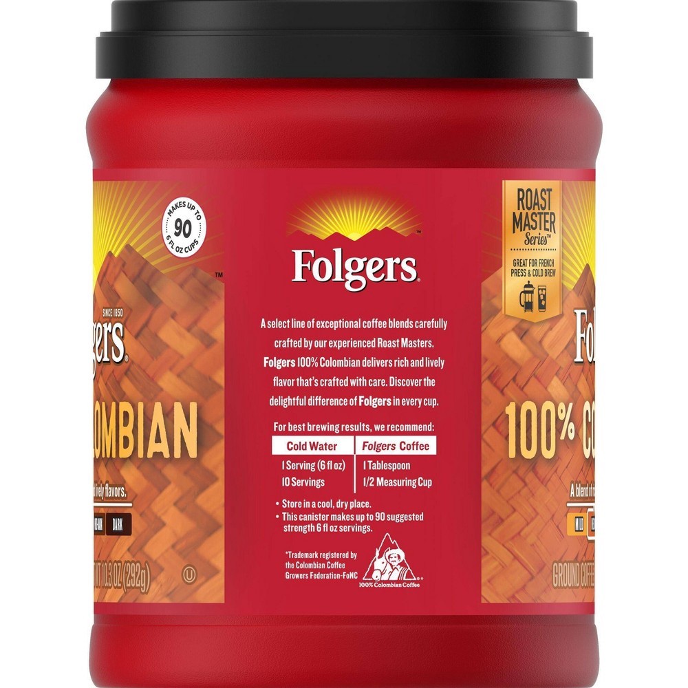 slide 2 of 6, Folgers 100% Colombian Medium Dark Roast Ground Coffee, 10 oz