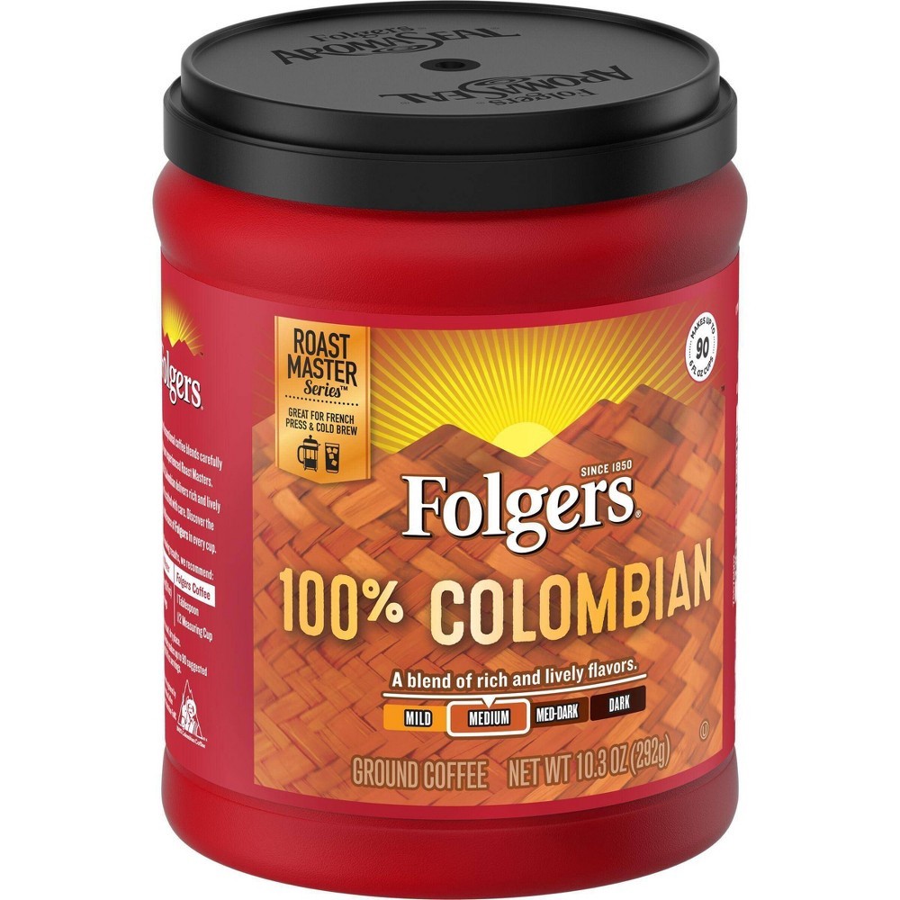 slide 4 of 6, Folgers 100% Colombian Medium Dark Roast Ground Coffee, 10 oz