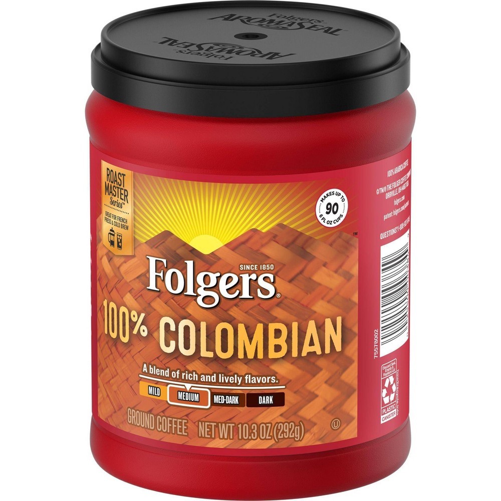 slide 5 of 6, Folgers 100% Colombian Medium Dark Roast Ground Coffee, 10 oz