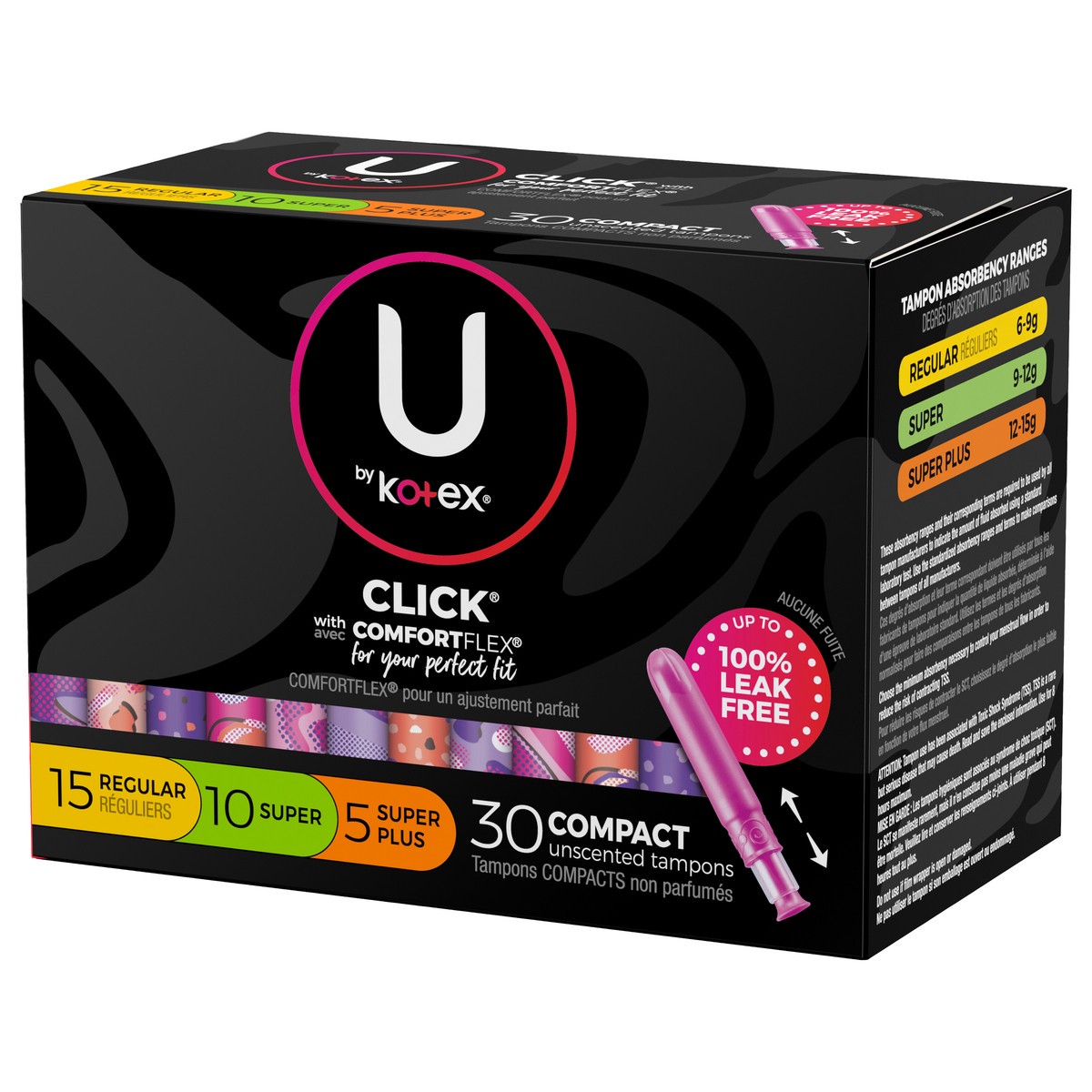 slide 4 of 9, U by Kotex Click Compact Multipack Tampons, Regular/Super/Super Plus, Unscented, 30 Count, 30 ct