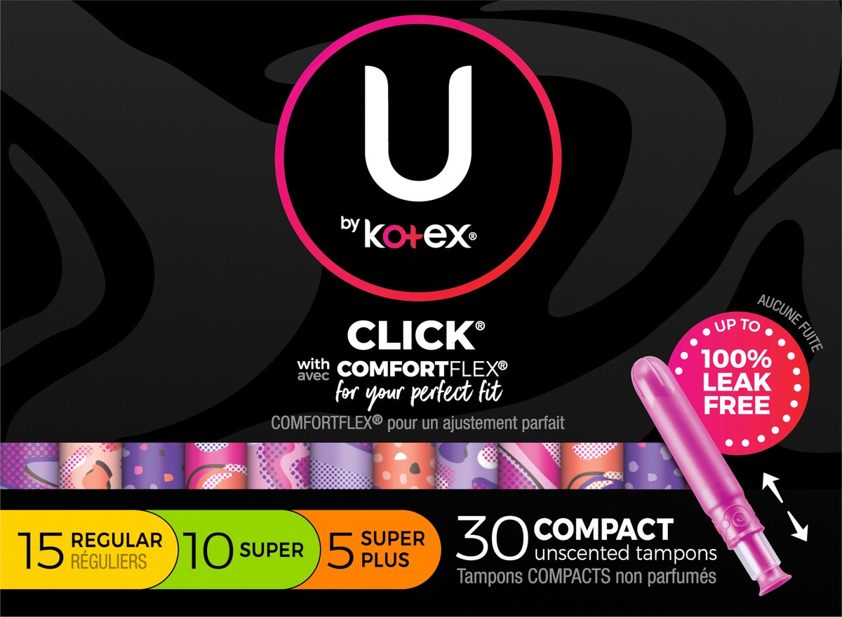 slide 5 of 9, U by Kotex Click Compact Multipack Tampons, Regular/Super/Super Plus, Unscented, 30 Count, 30 ct