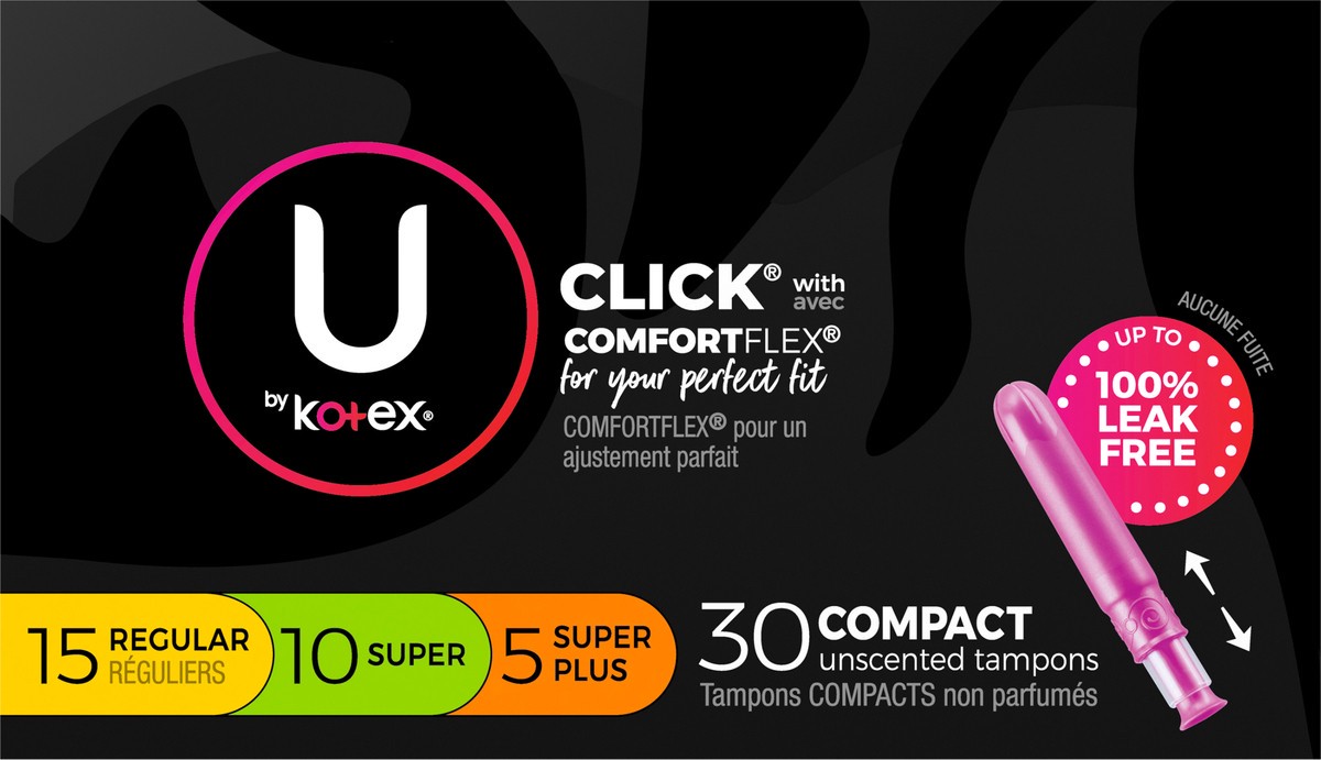slide 2 of 9, U by Kotex Click Compact Multipack Tampons, Regular/Super/Super Plus, Unscented, 30 Count, 30 ct