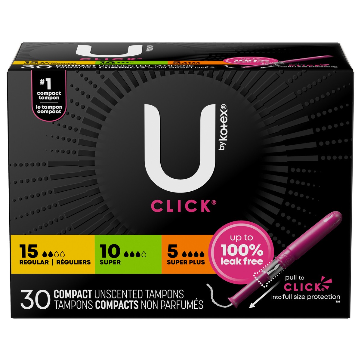 slide 1 of 9, U by Kotex Click Compact Multipack Tampons, Regular/Super/Super Plus, Unscented, 30 Count, 30 ct