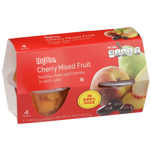 slide 1 of 1, Hy-vee Cherry Mixed Fruit Peaches, Pears And Cherries In 100% Juice, 16 oz