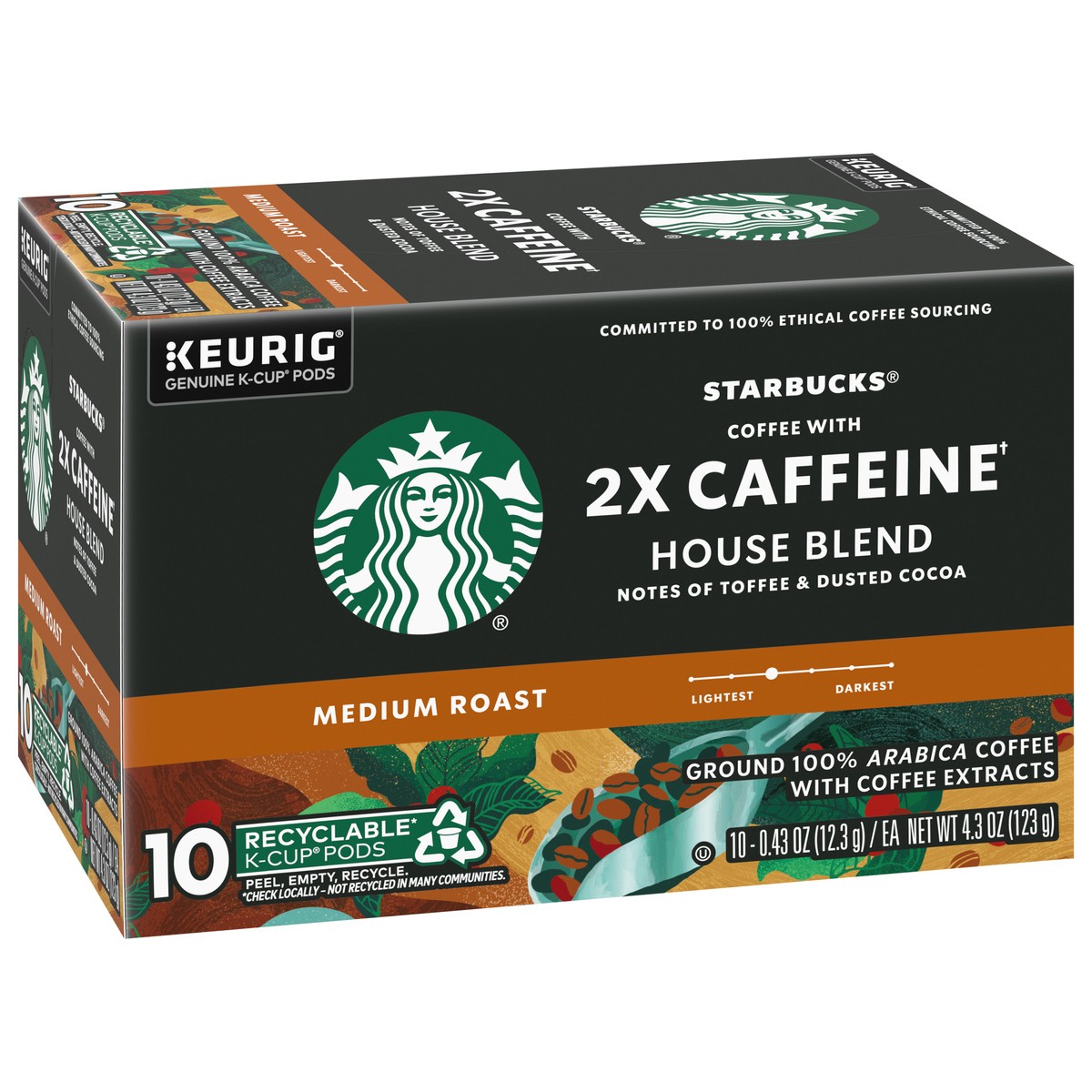 slide 2 of 9, Starbucks House Blend Medium Roast K-Cup Pods 2X Caffeine Ground Coffee 10 - 0.43 oz Pods, 10 ct