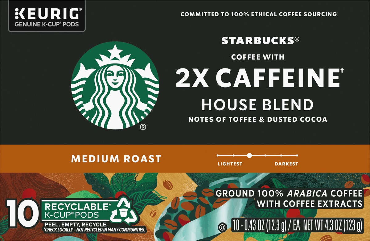 slide 6 of 9, Starbucks House Blend Medium Roast K-Cup Pods 2X Caffeine Ground Coffee 10 - 0.43 oz Pods, 10 ct