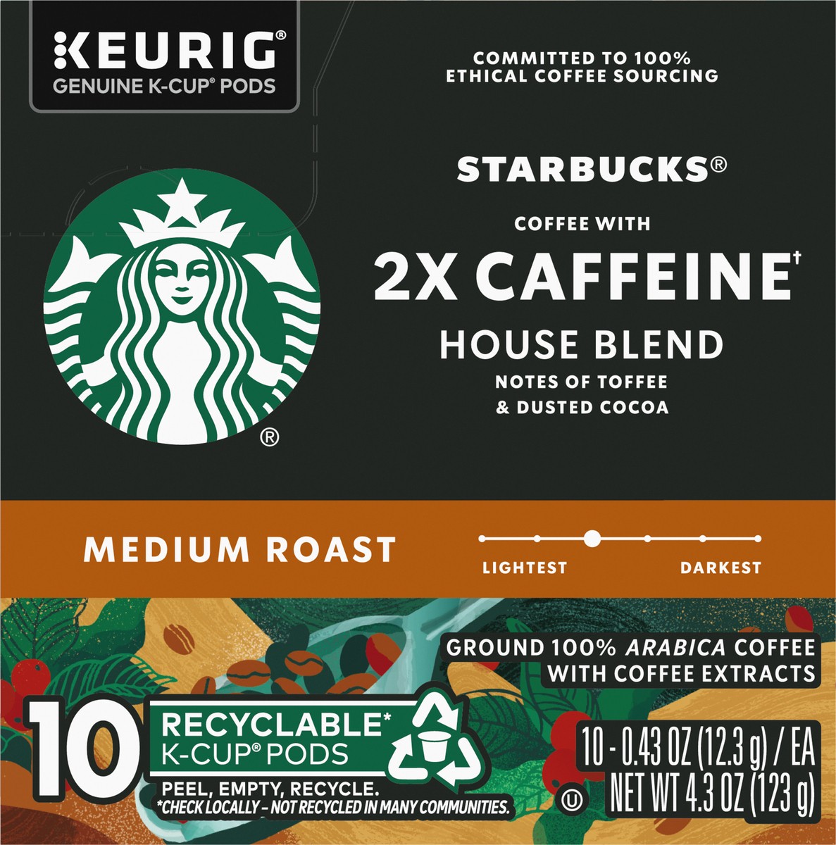 slide 7 of 9, Starbucks House Blend Medium Roast K-Cup Pods 2X Caffeine Ground Coffee 10 - 0.43 oz Pods, 10 ct