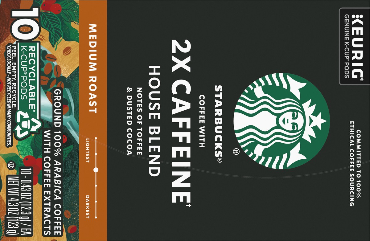 slide 9 of 9, Starbucks House Blend Medium Roast K-Cup Pods 2X Caffeine Ground Coffee 10 - 0.43 oz Pods, 10 ct