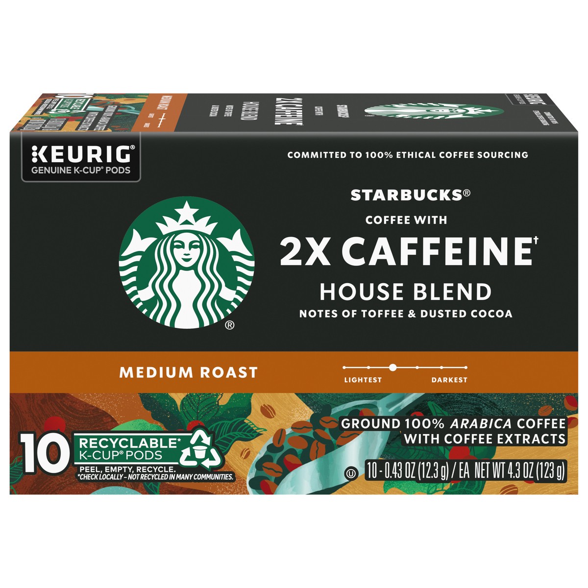 slide 1 of 9, Starbucks House Blend Medium Roast K-Cup Pods 2X Caffeine Ground Coffee 10 - 0.43 oz Pods, 10 ct