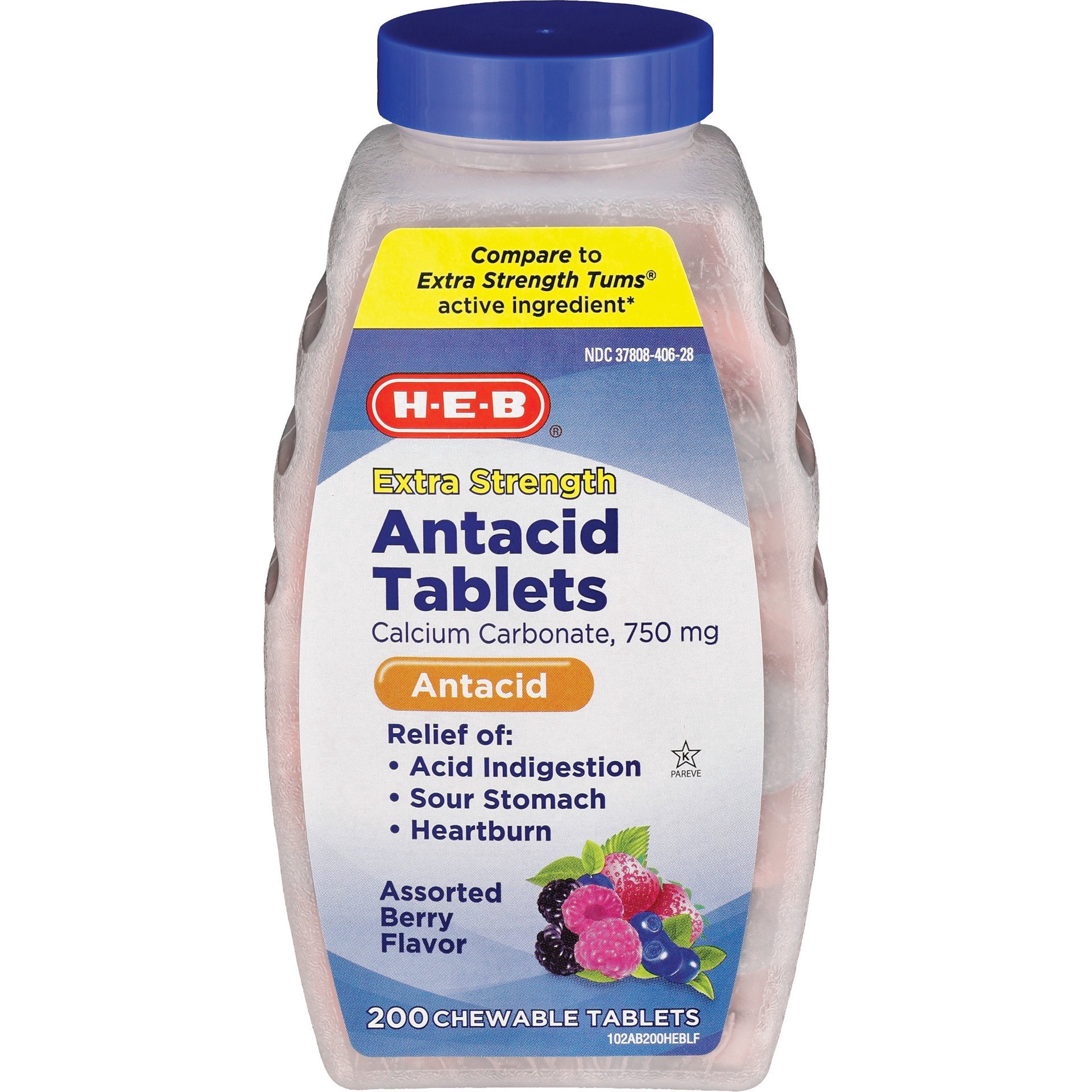 slide 1 of 1, H-E-B Antacid Extra Strength 750 mg Assorted Berry Chewable Tablets, 200 ct