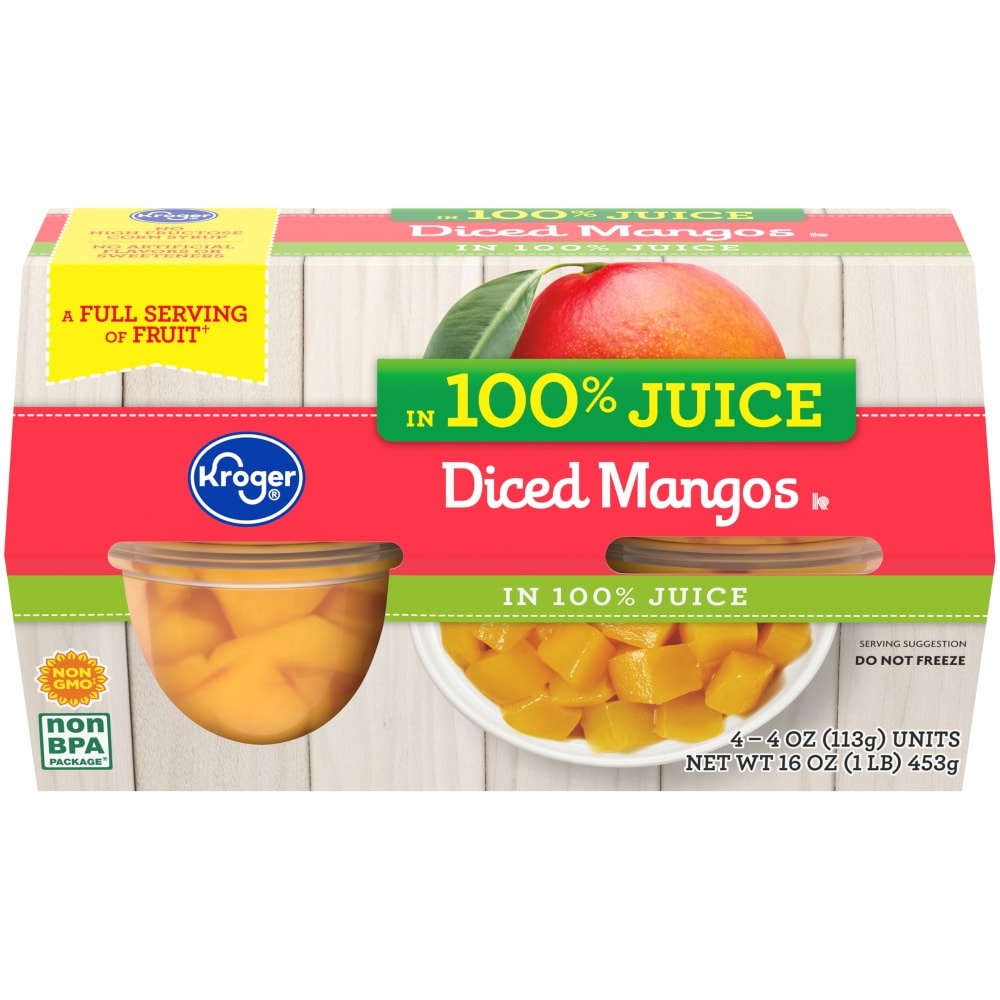 slide 1 of 1, Kroger 100% Juice Diced Mangos Cups 4 Count, 16 oz