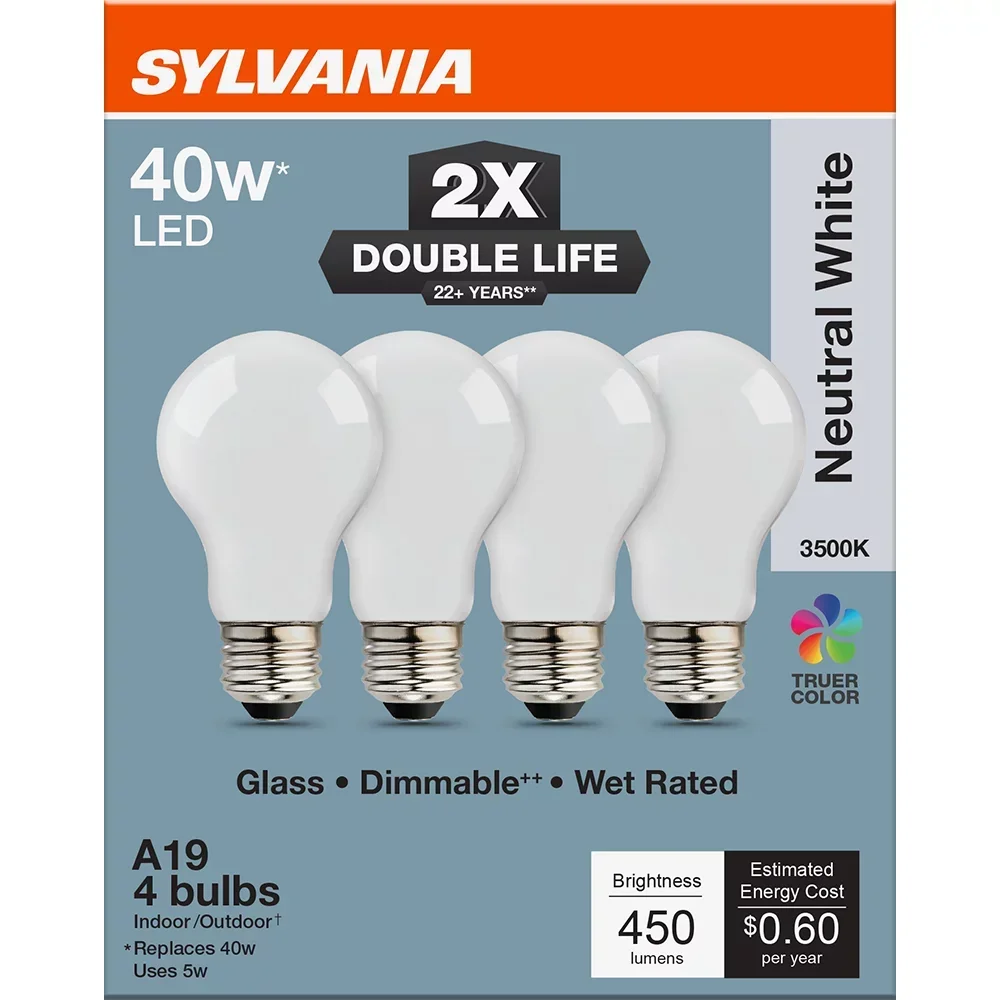 slide 1 of 1, Sylvania A19 40 Watt LED Neutral White Double Life Bulb, 4 ct