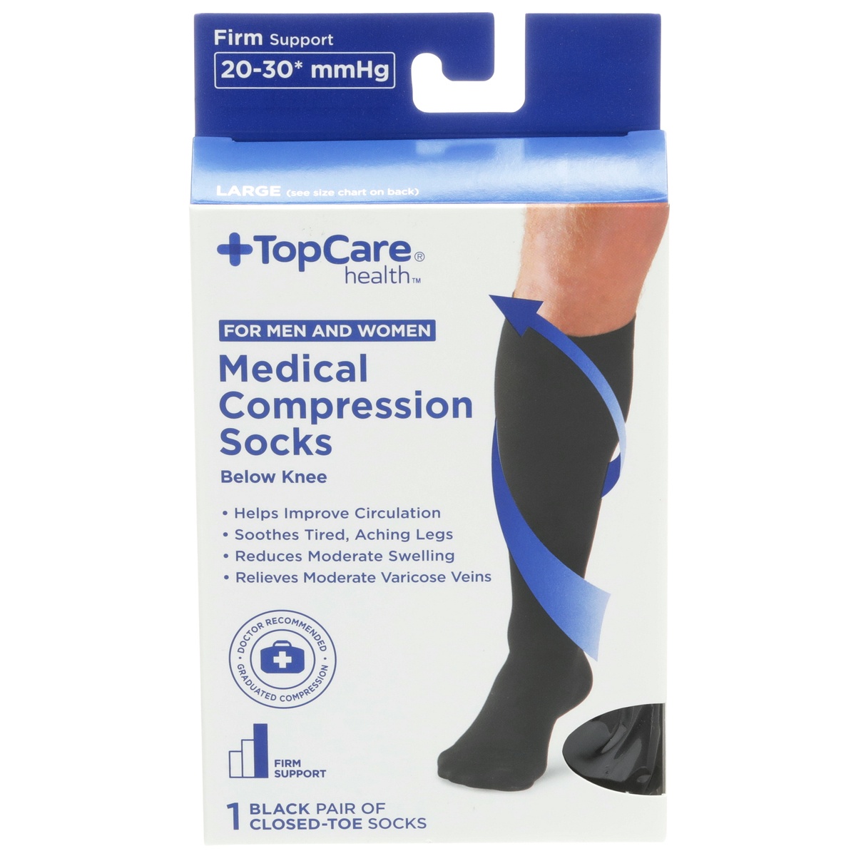 slide 1 of 1, TopCare Health Men & Women Medical Compression Socks Below Knee Black Large, 1 pair