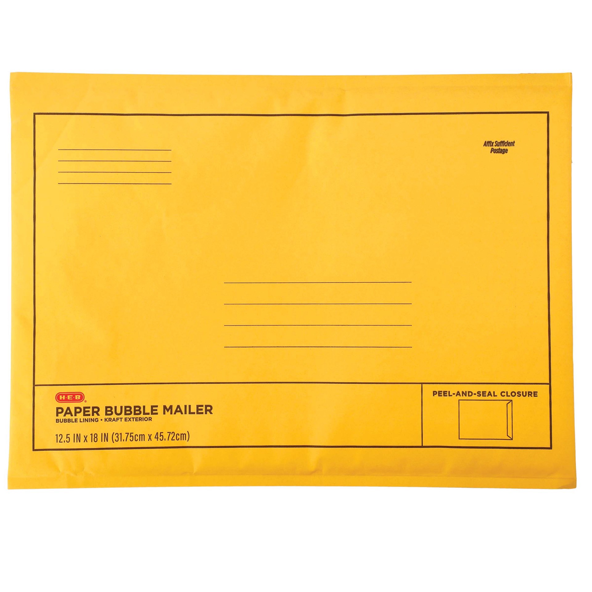 slide 1 of 1, H-E-B Kraft Paper Bubble Mailer, 12.5 in x 18 in