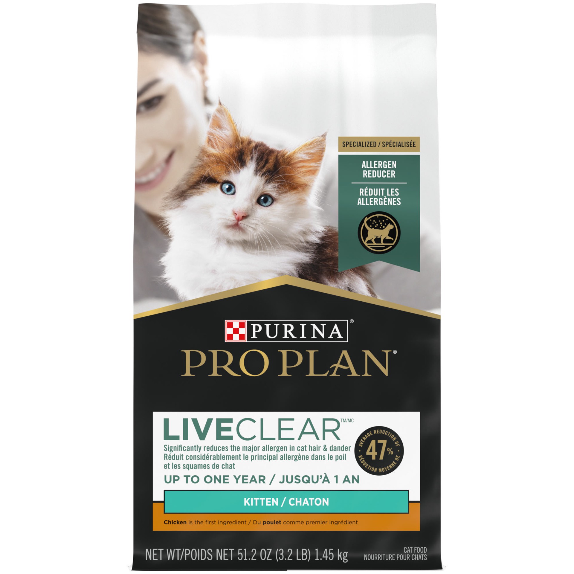 slide 1 of 9, Purina Pro Plan LiveClear dry cat food for kittens Cat Allergen Reducer Chicken and Rice Formula, 3.2 lb