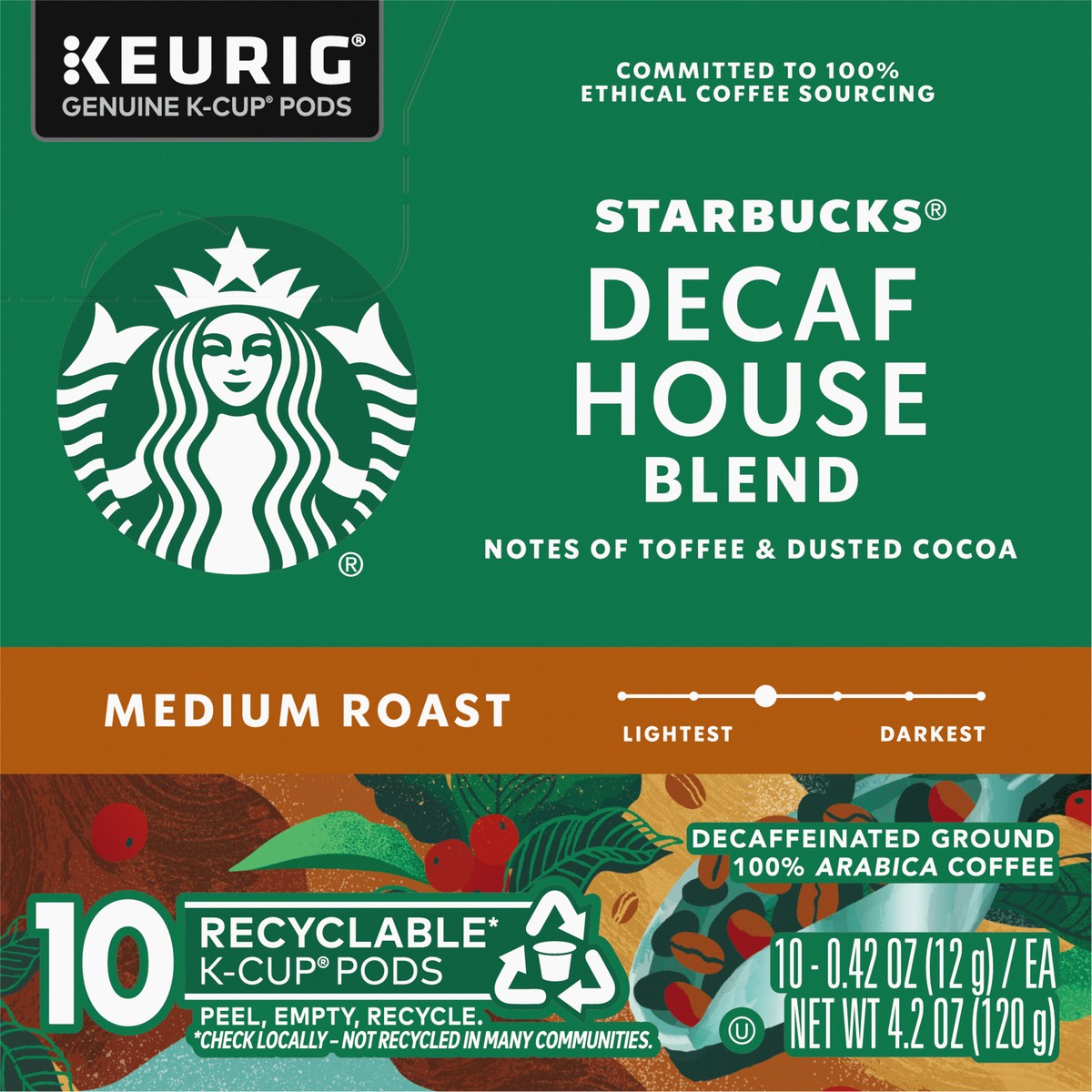 slide 14 of 14, Starbucks K-Cup Coffee Pods, Medium Roast Coffee, Decaf House Blend, 100% Arabica, 1 box (10 pods), 4.2 oz