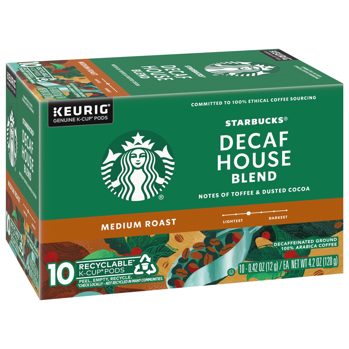 slide 13 of 14, Starbucks K-Cup Coffee Pods, Medium Roast Coffee, Decaf House Blend, 100% Arabica, 1 box (10 pods), 4.2 oz