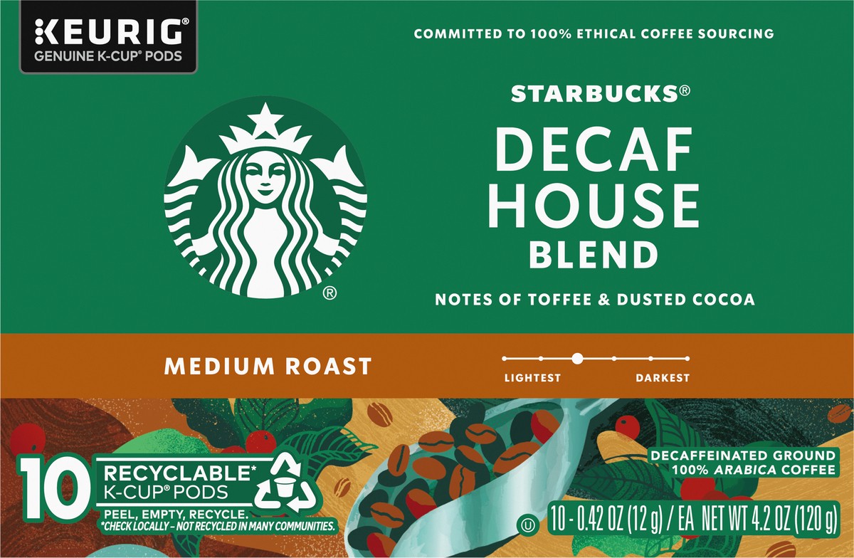 slide 11 of 14, Starbucks K-Cup Coffee Pods, Medium Roast Coffee, Decaf House Blend, 100% Arabica, 1 box (10 pods), 4.2 oz