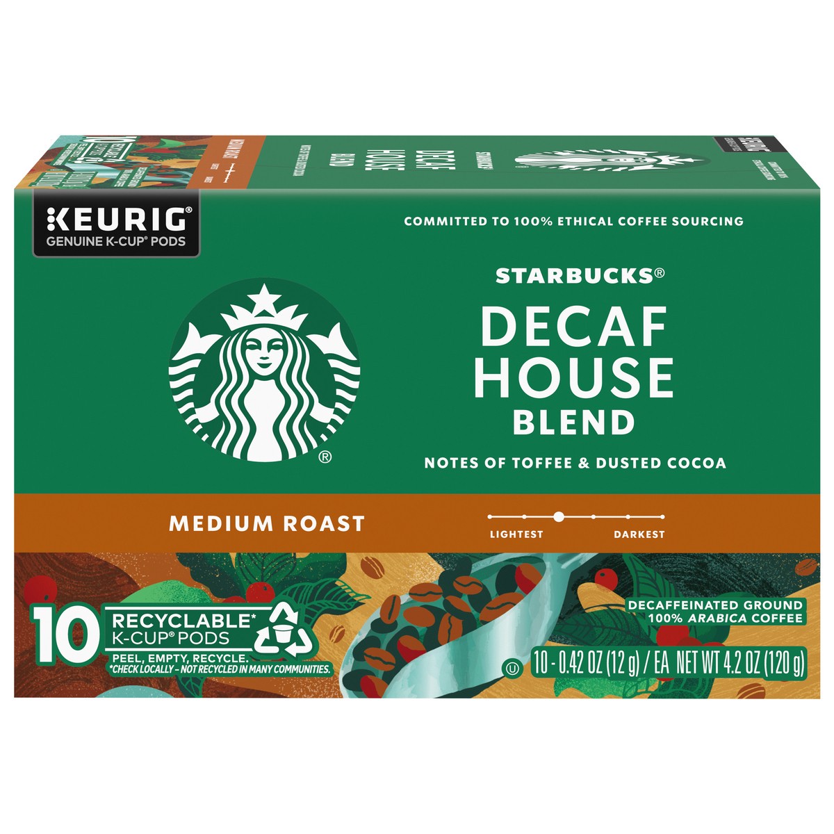 slide 1 of 14, Starbucks K-Cup Pods Medium Roast Ground Decaf House Blend Coffee 10 - 0.42 oz Pods, 10 ct