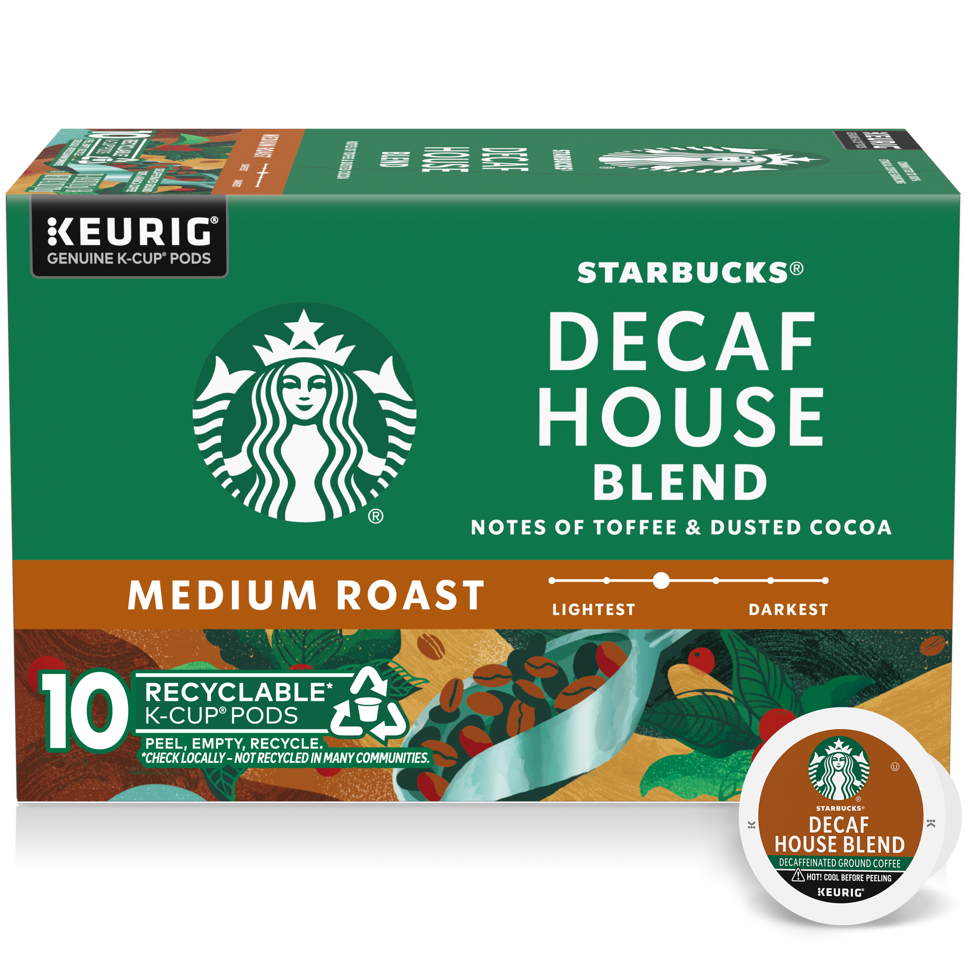 slide 1 of 14, Starbucks K-Cup Coffee Pods, Medium Roast Coffee, Decaf House Blend, 100% Arabica, 1 box (10 pods), 4.2 oz