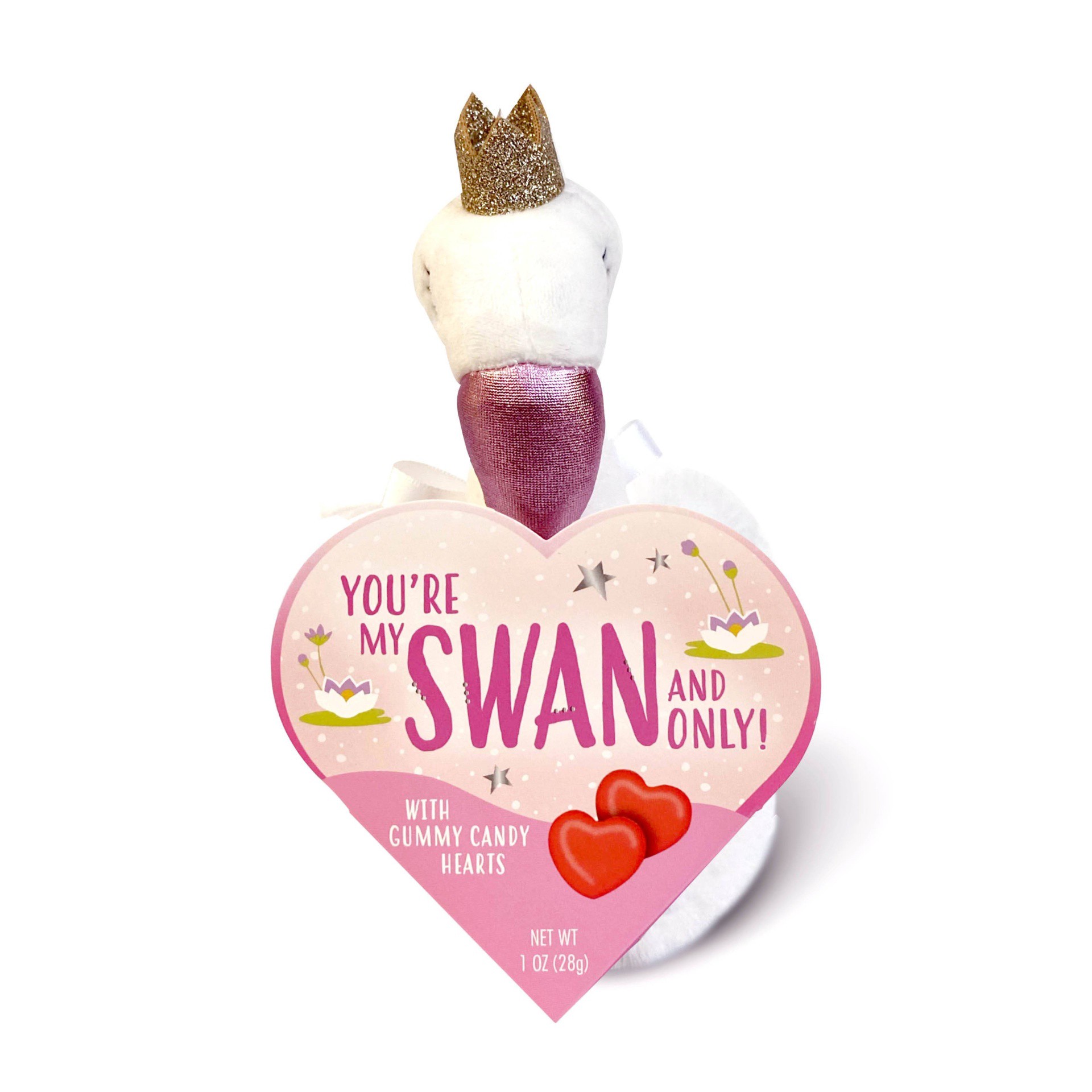 slide 1 of 7, Frankford Candy Valentine's Swan Date Night Plush with Gummy Candy Hearts, 1 oz