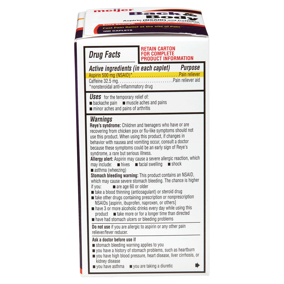 slide 4 of 4, Meijer Extra Strength Back & Body Aspirin, 100 caplets, 500 mg