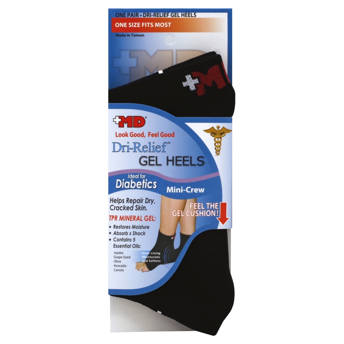 slide 1 of 1, +MD Socks Unisex Dri Relief Gel Heels Mini Crew One Size Fits Most Black - Each, 1 ct