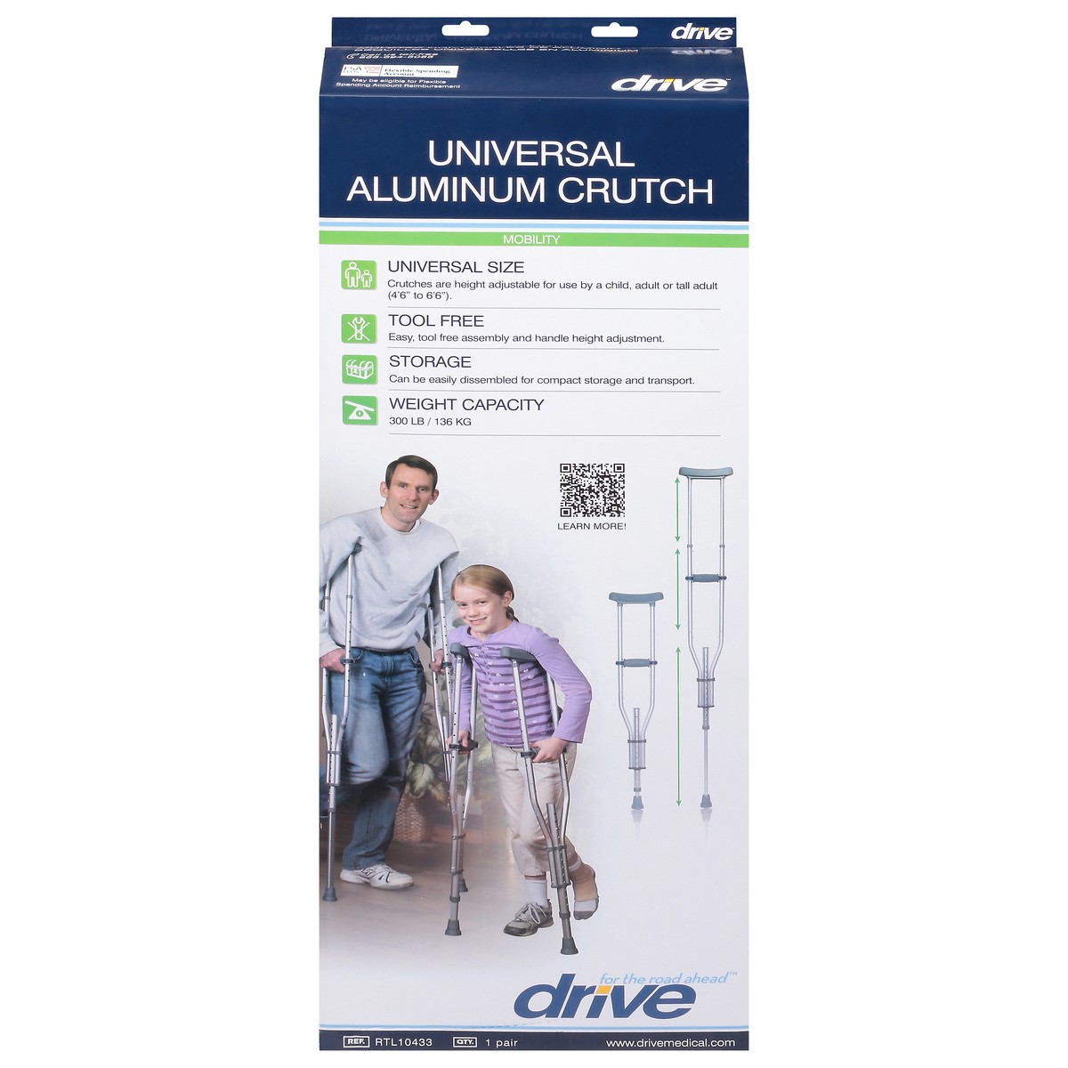 slide 1 of 9, Drive Universal Mobility Aluminum Crutch 1 ea, 1 ct