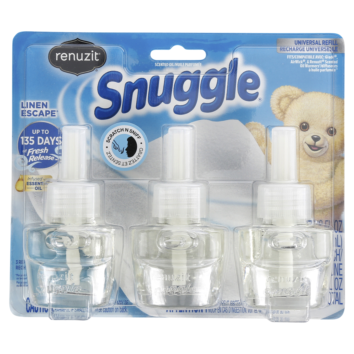 slide 1 of 1, Renuzit Snuggle Scented Oil Refill for Plugin Air Fresheners, Linen Escape, 3 ct