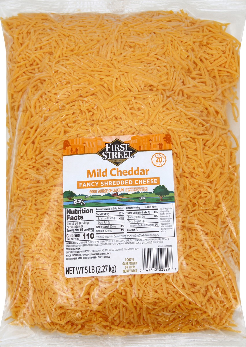 slide 4 of 6, First Street Fine Shredded Mild Cheddar Cheese, 5 lb