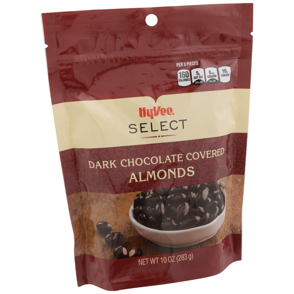 slide 1 of 1, Hy-vee Select Dark Chocolate Covered Almonds, 10 oz