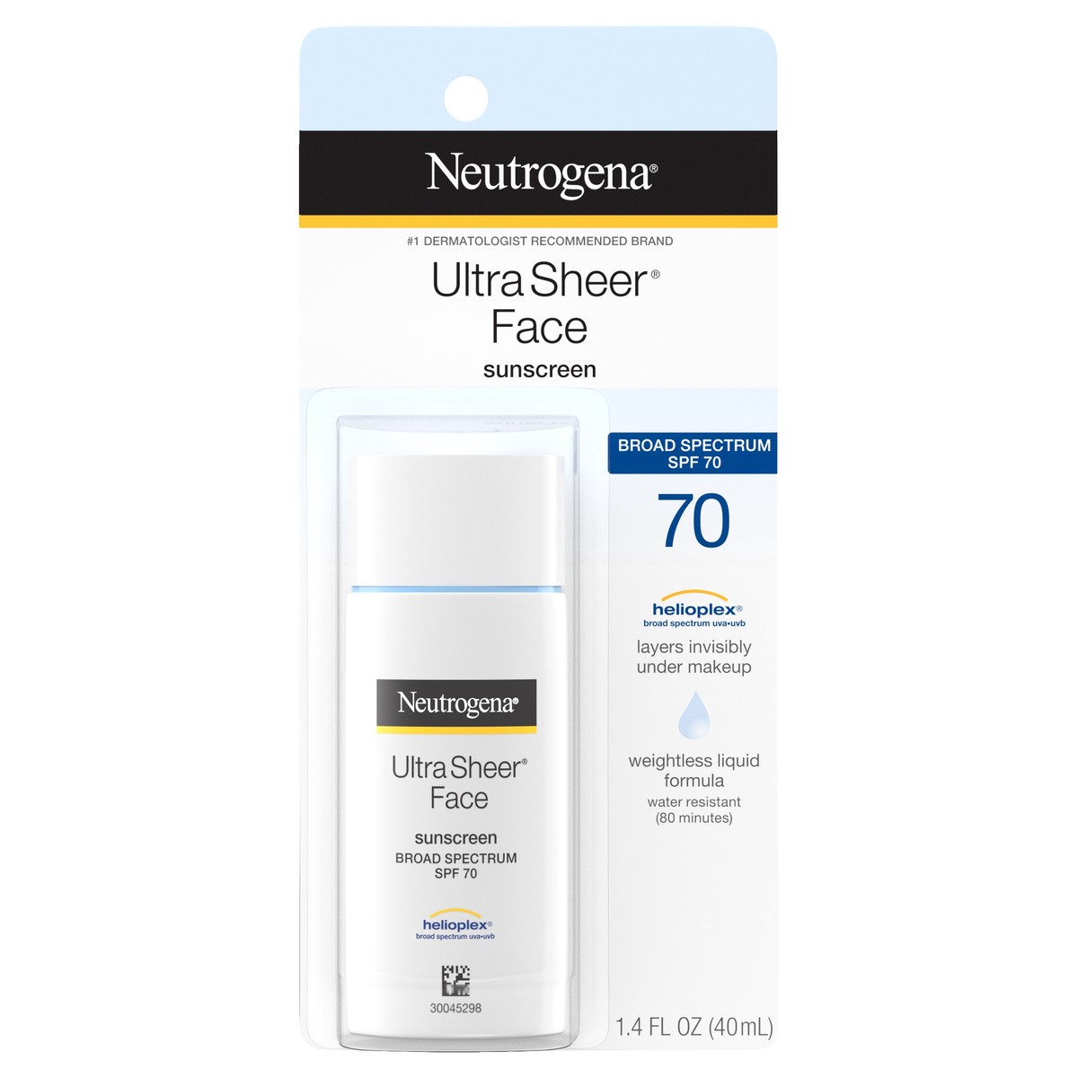 slide 7 of 8, Neutrogena Ultra Sheer Liquid Daily Facial Sunscreen with Broad Spectrum SPF 70, Non-Comedogenic, Oil-Free & PABA-Free Weightless UVA/UVB Sun Protection, 1.4 fl. oz, 1.4 fl oz