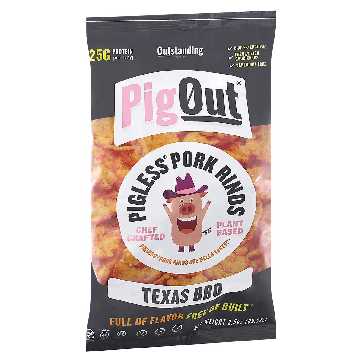 slide 4 of 9, Outstanding Foods Pig Out Texas BBQ Pigless Pork Rinds 3.5 oz Bag, 3.5 oz