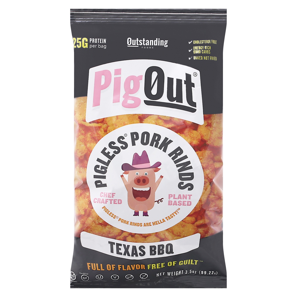 slide 1 of 9, Outstanding Foods Pig Out Texas BBQ Pigless Pork Rinds 3.5 oz Bag, 3.5 oz