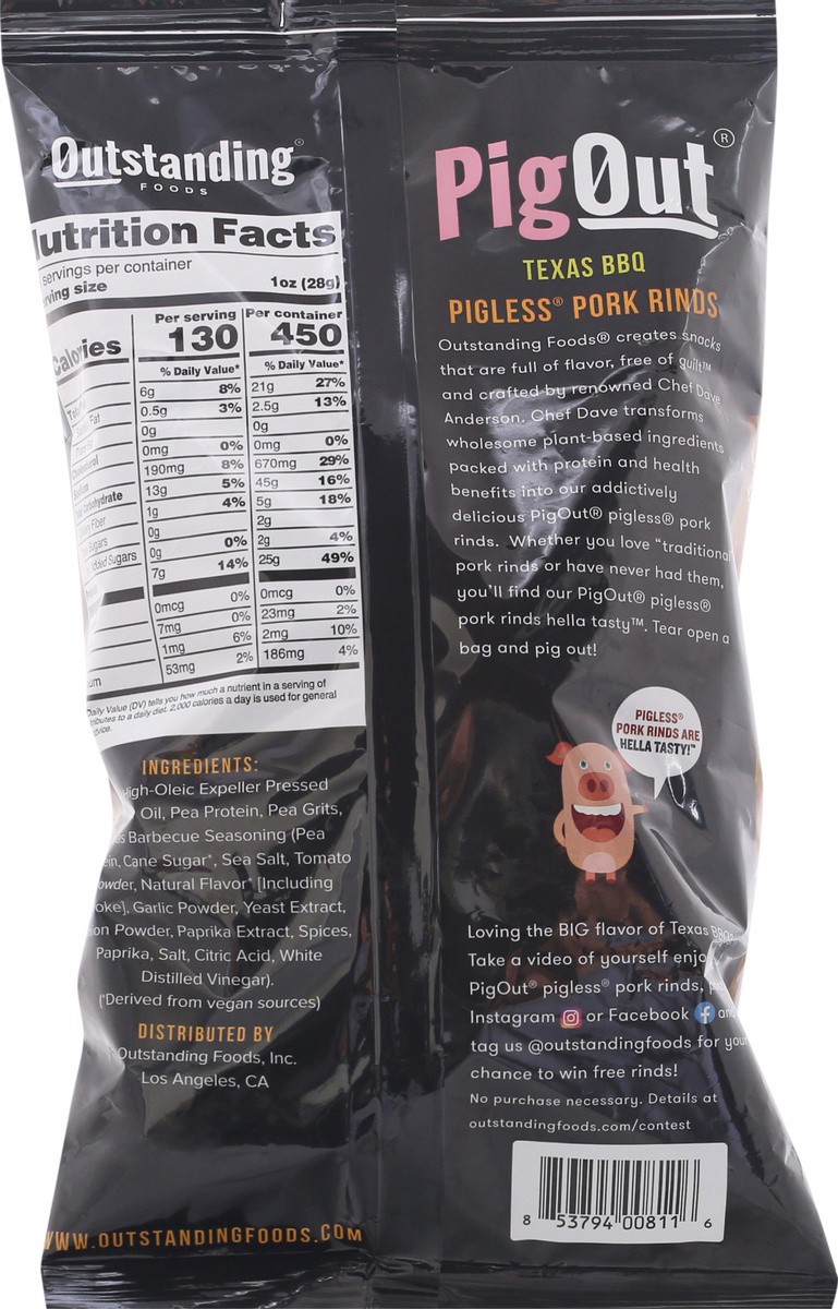 slide 6 of 9, Outstanding Foods Pig Out Texas BBQ Pigless Pork Rinds 3.5 oz Bag, 3.5 oz