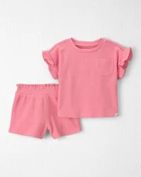Littleplanet Baby Girl 2-Piece Organic Cotton Waffle Knit Top & Short Set Summer Pink 3M
